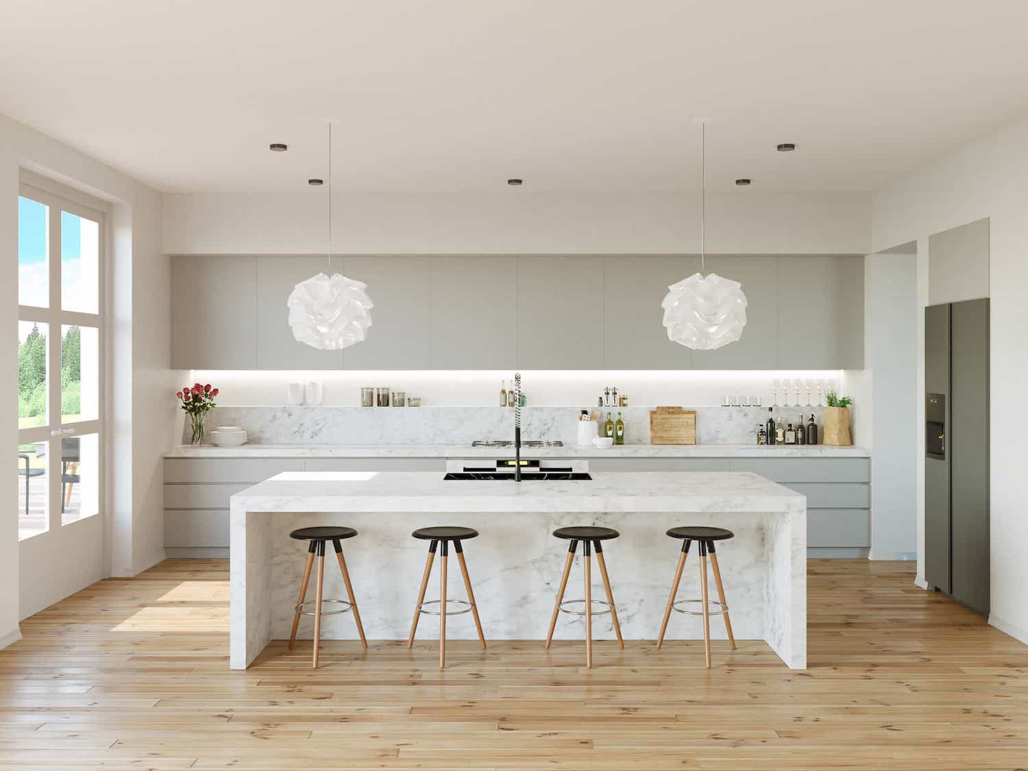 white kitchens with laminate wood floors
